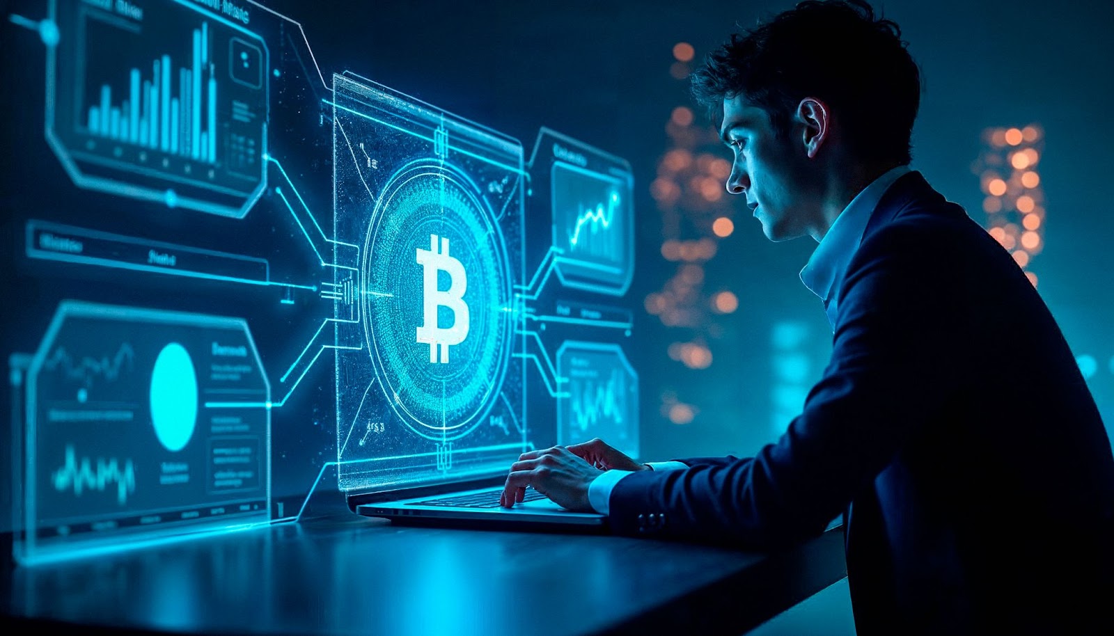Person with a futuristic hologram showing crypto trends for digital entrepreneurs
