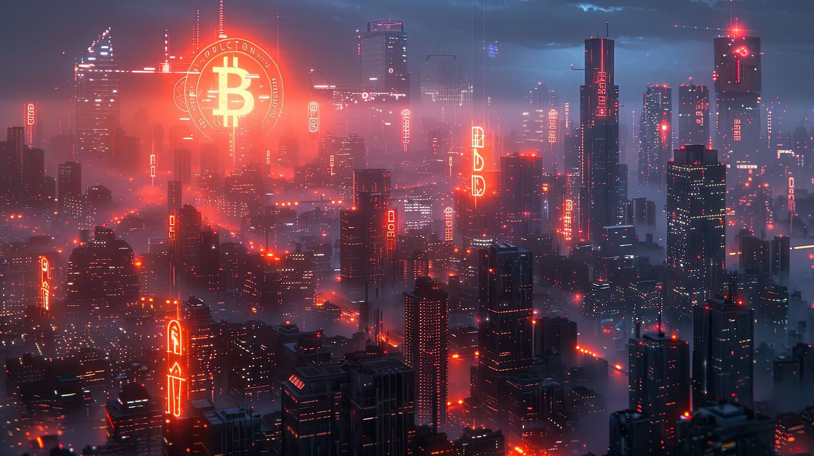 Futuristic city with a glowing Bitcoin symbol in the sky.