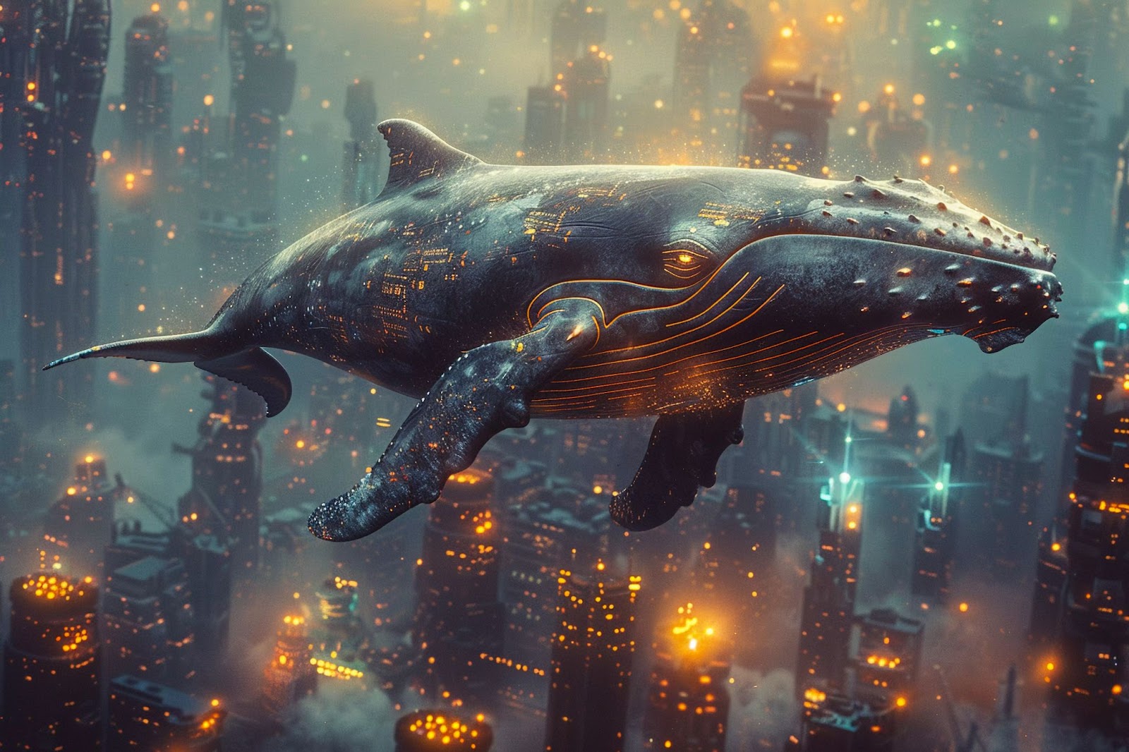 Illustration of a whale flying over a futuristic city
