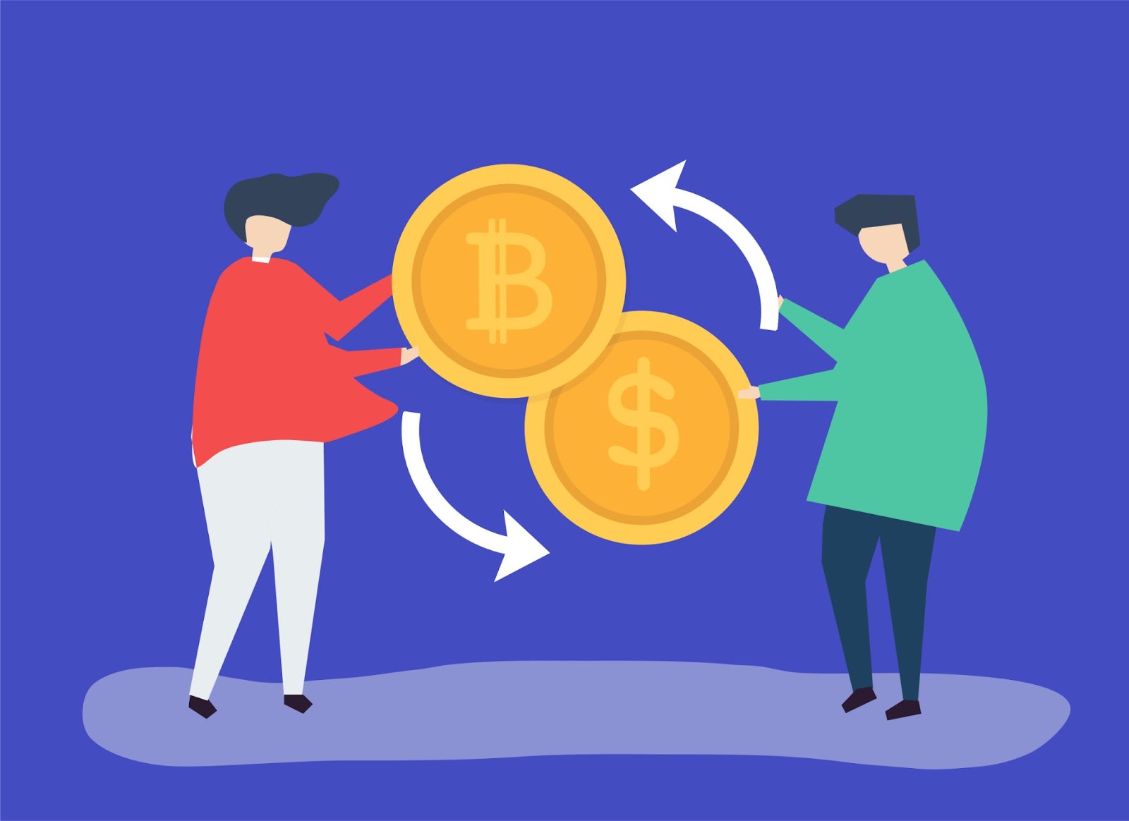 Illustration of two people exchanging Bitcoin for USD