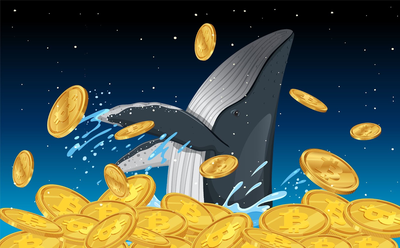 Illustration of a whale breaching amidst a sea of bitcoins