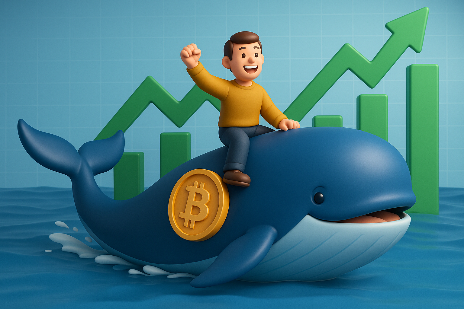 A person riding a whale with a bitcoin symbol with a bullish crypto trend in the background